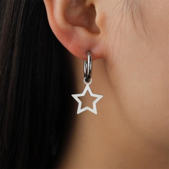 Minimalist Star Dangle Hoop Earrings for Women - Hypoallergenic Stainless Steel, - Picture 4 of 6